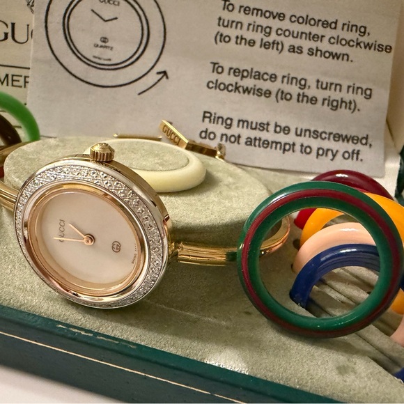 Gucci Accessories - Vintage~Gucci Silver Diamond-Cut Bezel Bangle Bracelet Watch W/Box/Papers